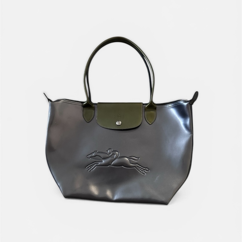Longchamp Le Pliage Metallic Silver with green accent Elegant Tote Bag